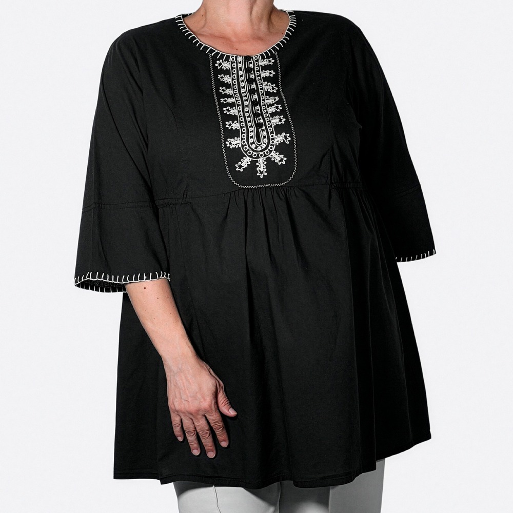 Joe Browns Boho Chic Embroidered Tunic Top Black XL 1X 2X Monochrome Peasant